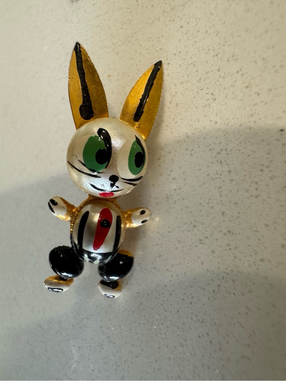 Vintage Spain Hand Painted Enamel Rabbit Bunny Brooch Pin MCM Figural Green Eyes